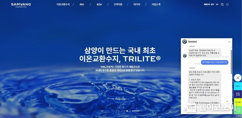 AI 챗봇이 적용된 트리라이트 홈페이지 / 2024.11.26 (출처: 삼양사)