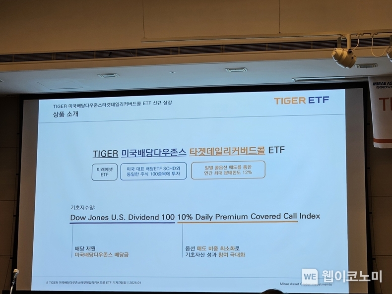 ‘TIGER 미국배당다우존스타겟데일리커버드콜 ETF’ 신규 상장 설명 자료/ 2025.01.20 (출처: 웹이코노미 김영섭 기자)