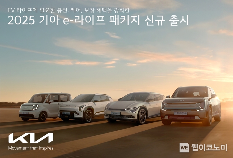 기아, ‘2025 기아 e-라이프 패키지’ 신규 출시. 기아가 전기차(이하 EV) 라이프 전반에 필요한 충전, 케어, 보장 프로그램을 제공하는 ‘e-라이프 패키지’의 혜택을 강화해 새롭게 선보인다. 기아는 지난해 6월 ‘기아 e-라이프 패키지’ 첫 출시 이후 고객 의견을 적극 반영해 전반적인 혜택과 보장 범위를 확대하고 더욱 편리하고 안전한 EV 라이프를 지원하기 위한 ‘2025 기아 e-라이프 패키지’를 신규 출시한다고 7일(금) 밝혔다. / 2025.02.07 (출처: 기아)