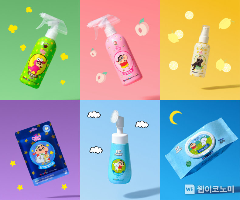 상단 왼쪽 제품부터 발을씻자 풋샴푸(민트초코향), 발을씻자 풋샴푸(피치향), 보송 데오 미스트, 강아지 발씻자 짱구 티슈형, 강아지 발씻자, 짱구, 발각질팩하자 풋필링마스크 / 2025.02.10 (출처: LG생활건강)