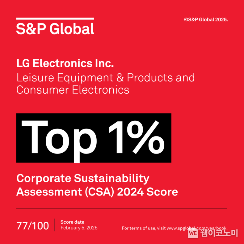 LG전자가 세계적인 신용평가 기관 S&P 글로벌이 발표하는 ‘기업 지속가능성 평가(CSA)’에서 2년 연속으로 최상위 등급에 해당하는 「Top 1%」에 선정됐다. / 2025.02.13 (출처: LG전자)