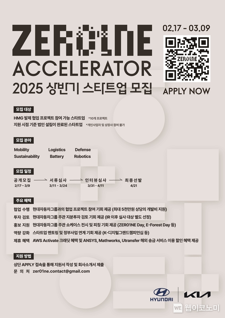 현대자동차그룹, 2025년 ‘제로원 액셀러레이터’ 스타트업 모집. 현대자동차그룹이 오픈 이노베이션 플랫폼 ‘제로원’을 통해 우수한 역량을 가진 사외 스타트업을 발굴하는 ‘제로원 액셀러레이터(ZER01NE ACCELERATOR)’의 2025년 공개 모집을 17일(월) 시작한다. 현대자동차그룹 오픈이노베이션 플랫폼 ‘제로원 액셀러레이터(ZER01NE ACCELERATOR)’의 2025년 스타트업 공개 모집 안내 포스터 / 2025.02.17 (출처: 현대자동차그룹)