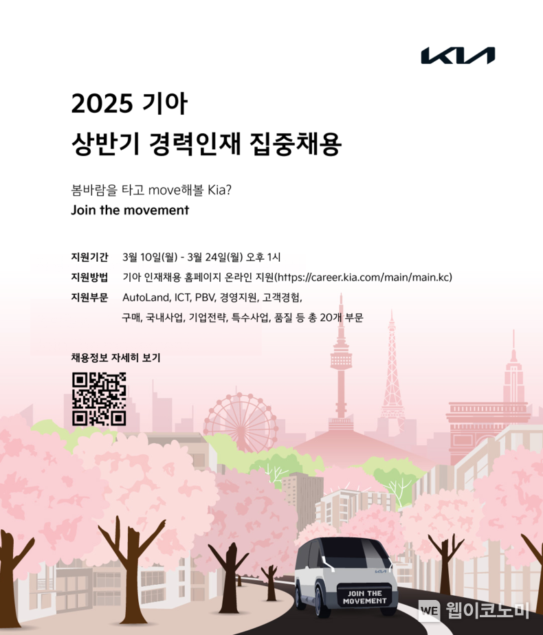 기아, 상반기 경력인재 집중 채용. 기아가 미래 모빌리티 시장 선도를 위한 인재 영입을 위해 이달 24일(월)까지 경력인재 채용에 나선다. / 2025.03.10 (출처: 기아)