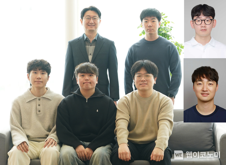 (뒷줄 왼쪽부터 시계방향으로) AI융합학과 이규빈 교수, 맹제모 박사과정생, 신성호 현대자동차 로보틱스랩 책임연구원, 백승혁 한국기계연구원 선임연구원, 이주순·이상범 석박사통합과정(박사과정생), 김강민 박사과정생 (출처: GIST)