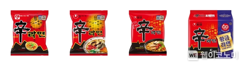 신라면 히스토리팩. 왼쪽부터 1986년, 1992년, 2014년 패키지 디자인. (출처: 농심) / 2025. 05. 28