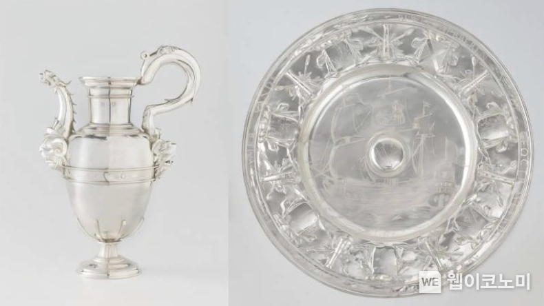 네덜란드 암스테르담 국립미술관(Rijksmuseum Amsterdam)에 보관된 은 원료의 물 항아리(ewer)와 물 대야(basin)<br>
(출처: Lead isotope analysis debunks legend of Dutch basin made entirely from Spanish treasure fleet silver 캡처)