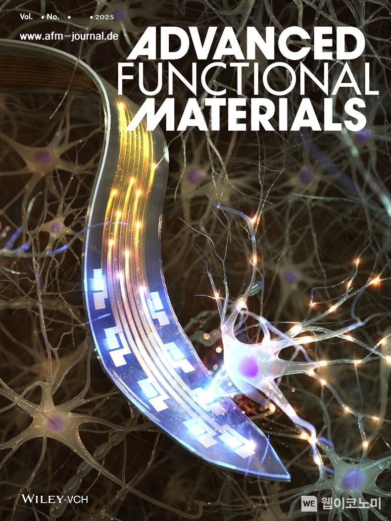 어드밴스드 펑셔널 머터리얼즈 (Advanced Functional Materials) 논문지의 전면표지 그림 (Front Cover Image) – 마이크로 올레드(Micro-OLED) 집적 광유전학용 유연 뉴럴 프로브 개념도) (출처: KAIST) / 2025.07.06